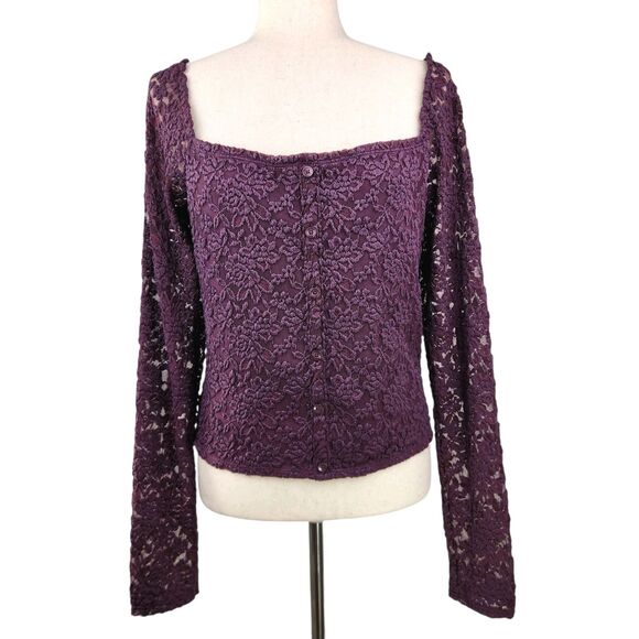 Abercrombie Fitch Blouse XL Lined Sheer Floral Lace Sleeves Purple Feminine - Picture 1 of 15
